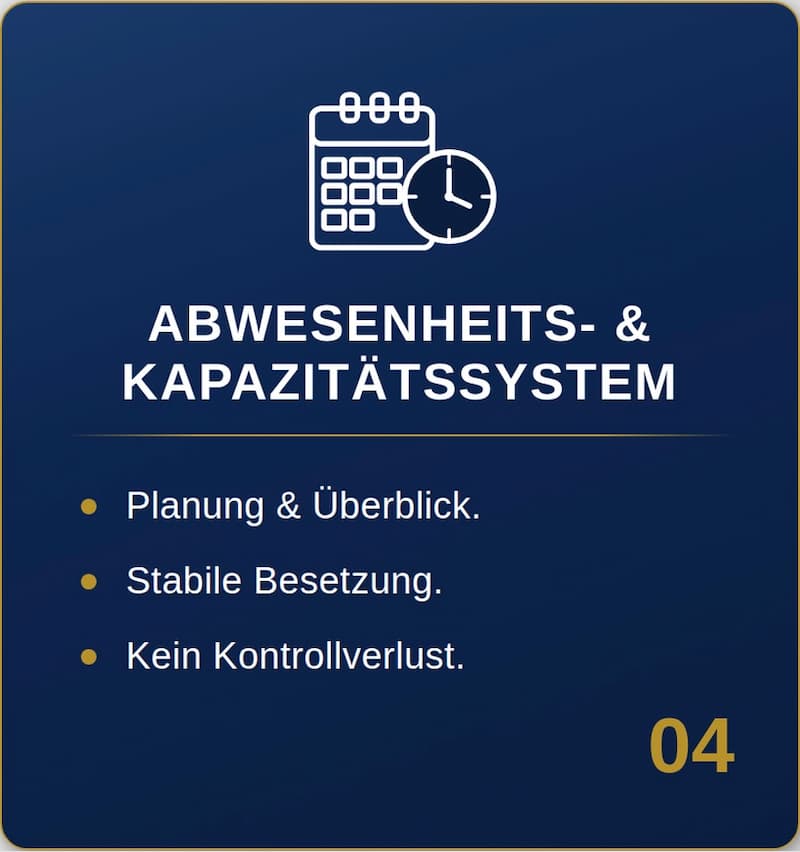 Modul 04 – Abwesenheits- und Kapazitätssystem: Planbare Besetzung, stabile Vertretung, kein Kontrollverlust.